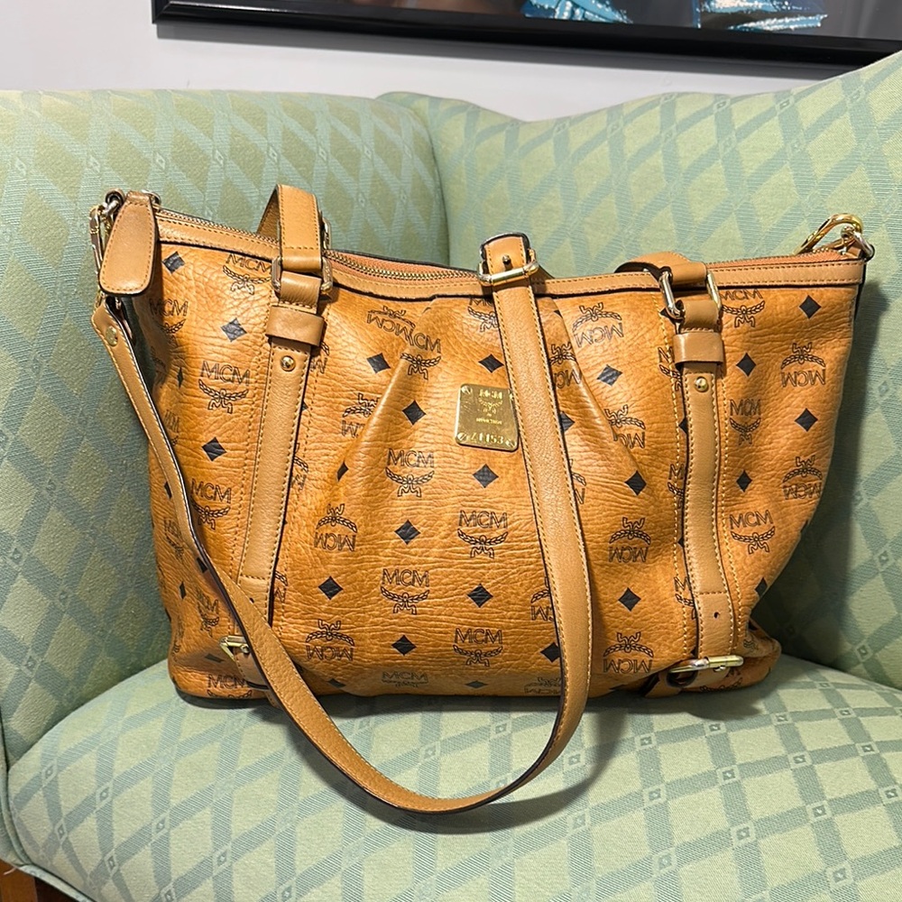 MCM Authentic Cognac Leather Visetos Shoulder Bag with MCM crossbody strap